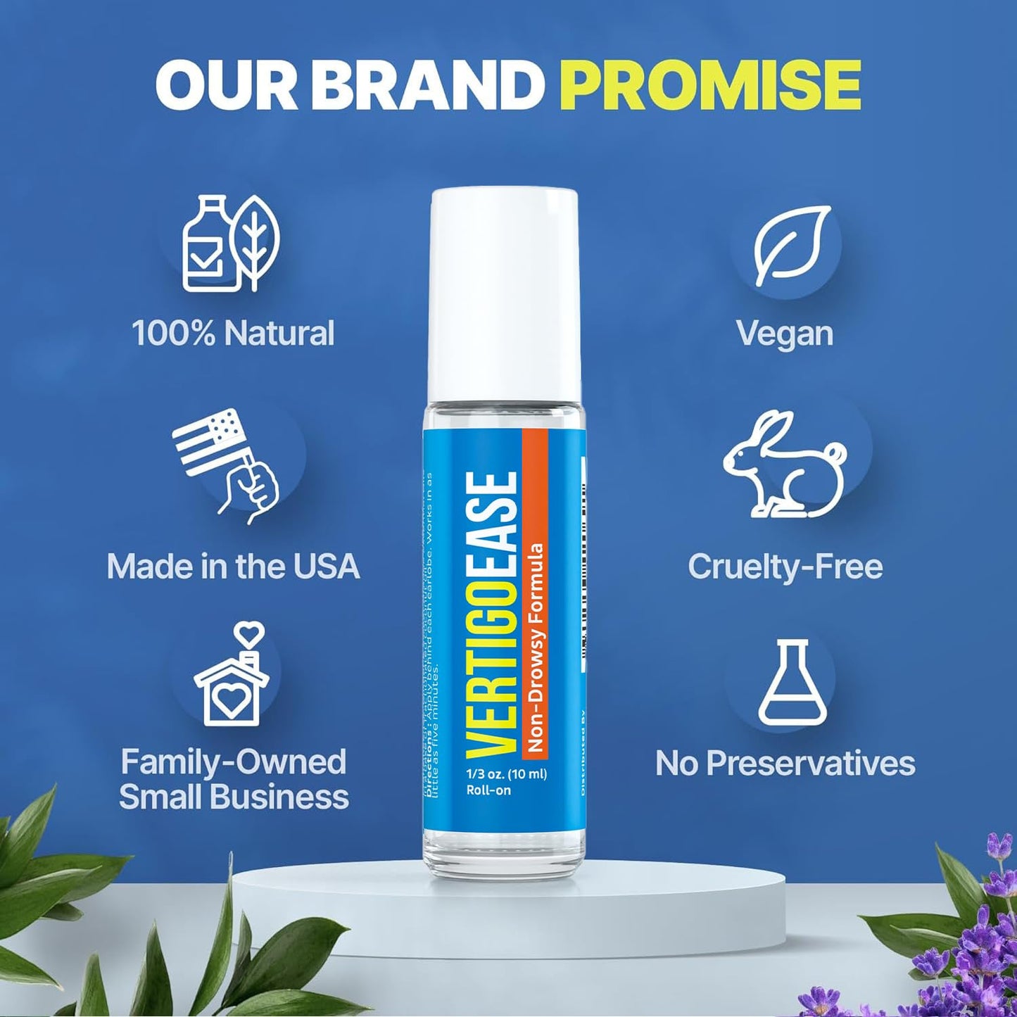 Side angle view of the USA manufactured Basic Vigor Vertigo Ease premium essential oil roller bottle.