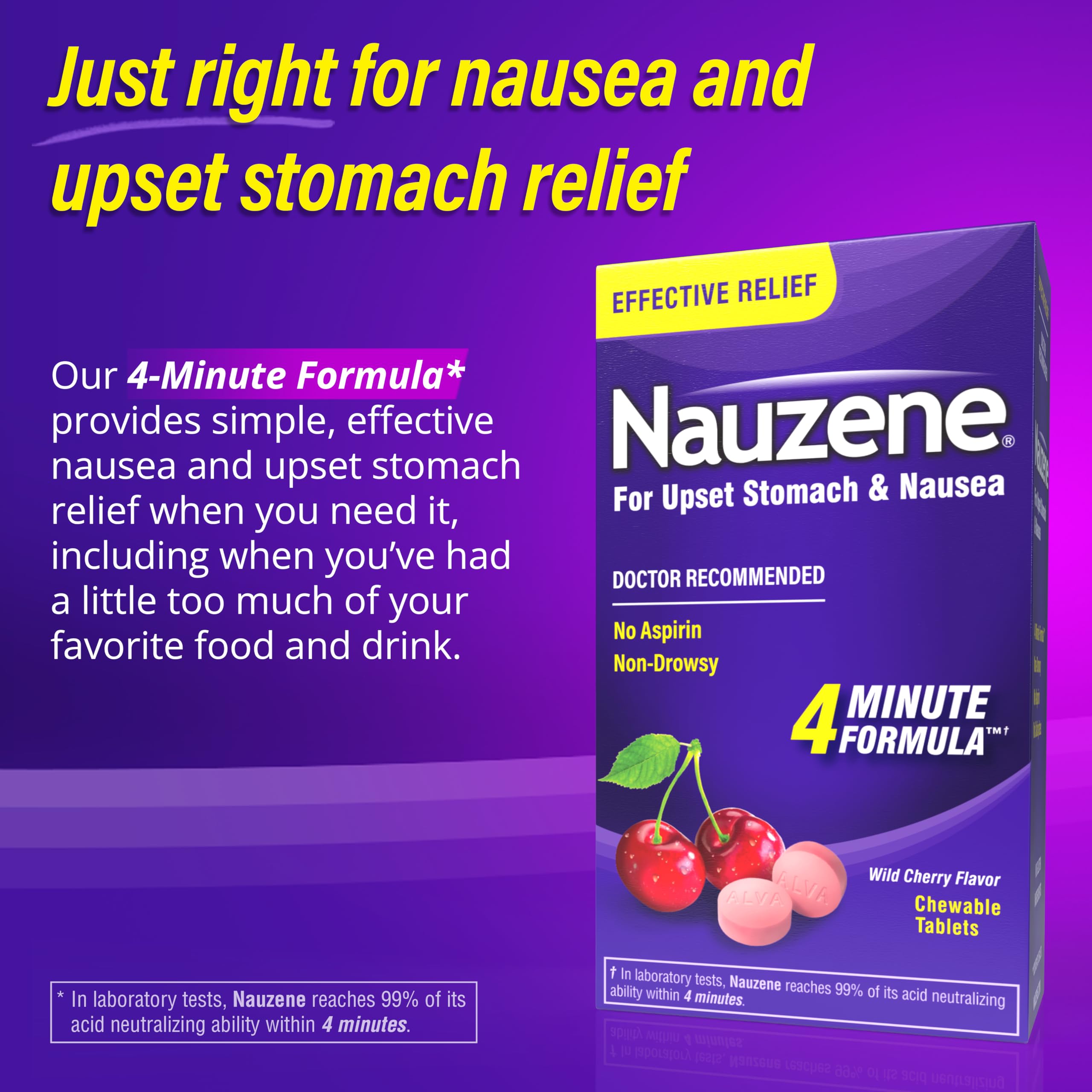 Nauzene wild cherry flavor chewable tablets side panel showing drug facts and active ingredients list