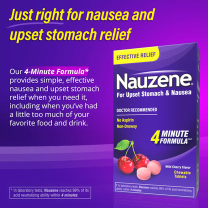 Nauzene wild cherry flavor chewable tablets side panel showing drug facts and active ingredients list