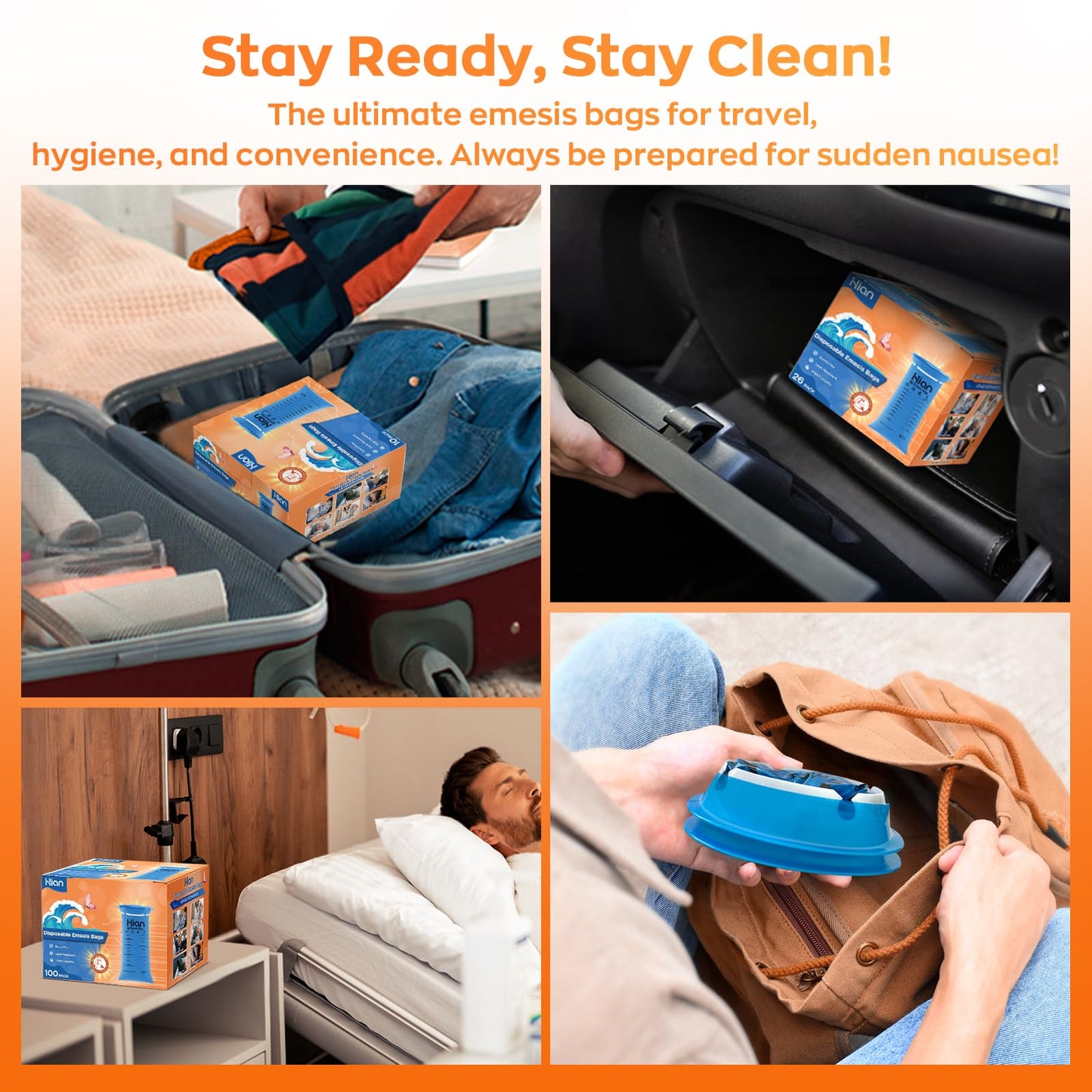 A pack of Hion nausea bags showing the high density material and durable construction details.
