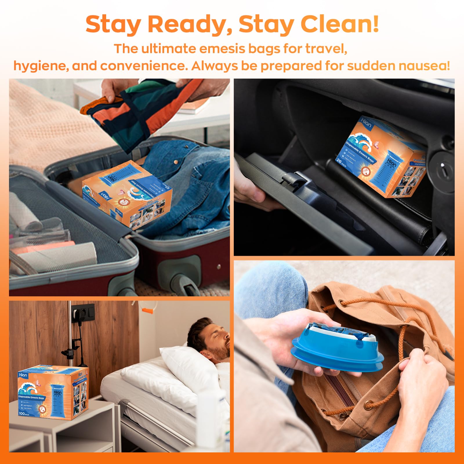 A pack of Hion nausea bags showing the high density material and durable construction details.