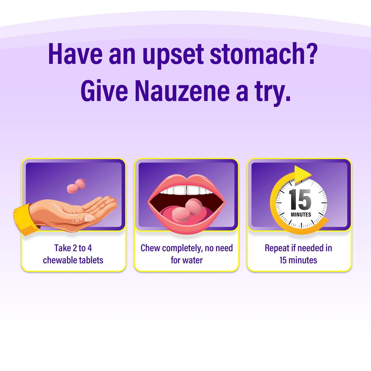 Nauzene non drowsy nausea relief tablets close up view of the individual chewable tablets