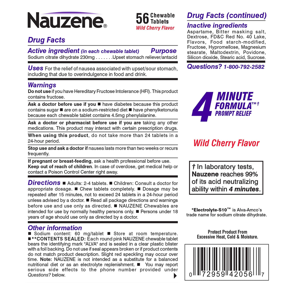 Nauzene 56 count imported USA stomach relief product display highlighting the wild cherry flavor graphic