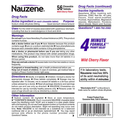 Nauzene 56 count imported USA stomach relief product display highlighting the wild cherry flavor graphic