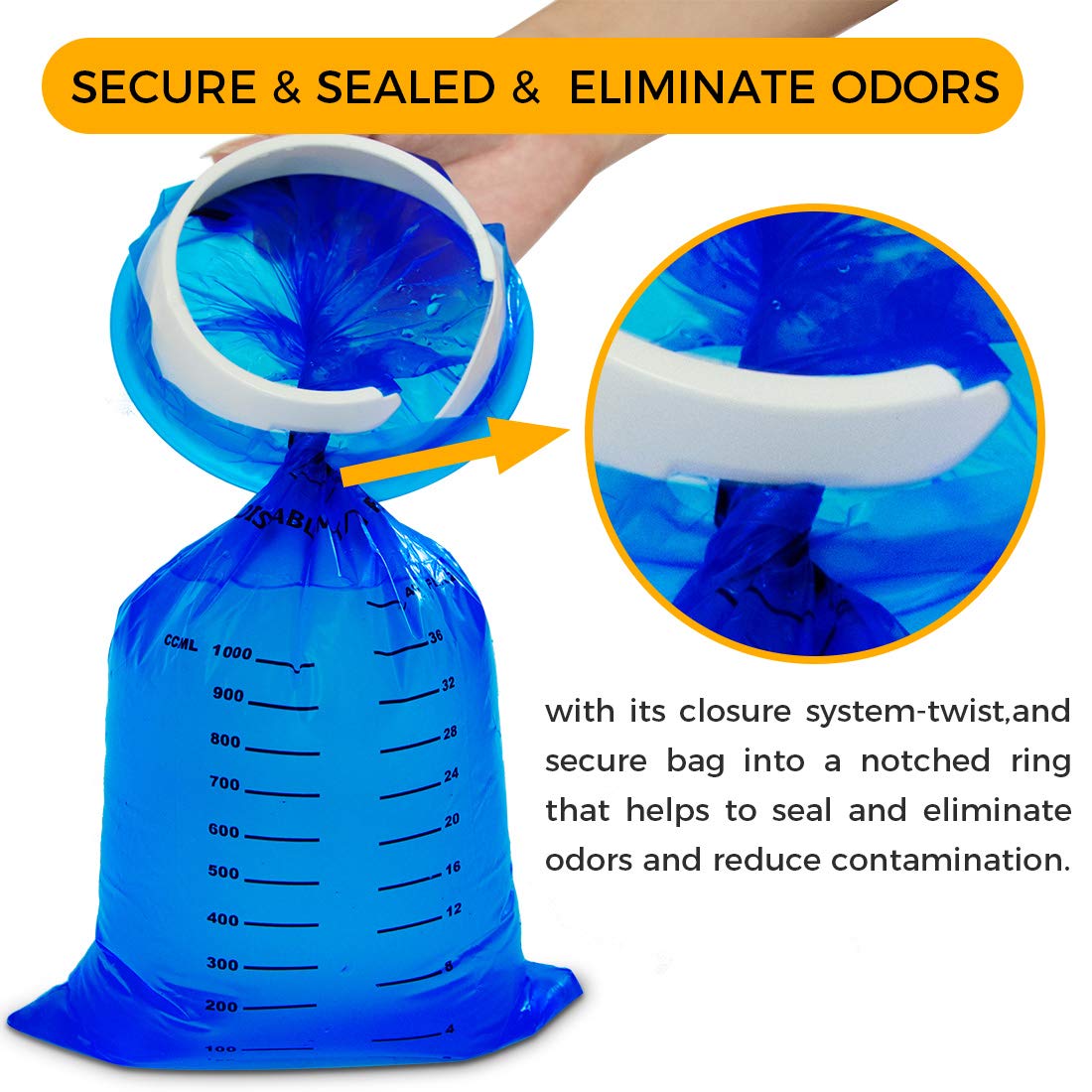Close up of the rigid plastic ring and secure notched closure system on the blue nausea bag