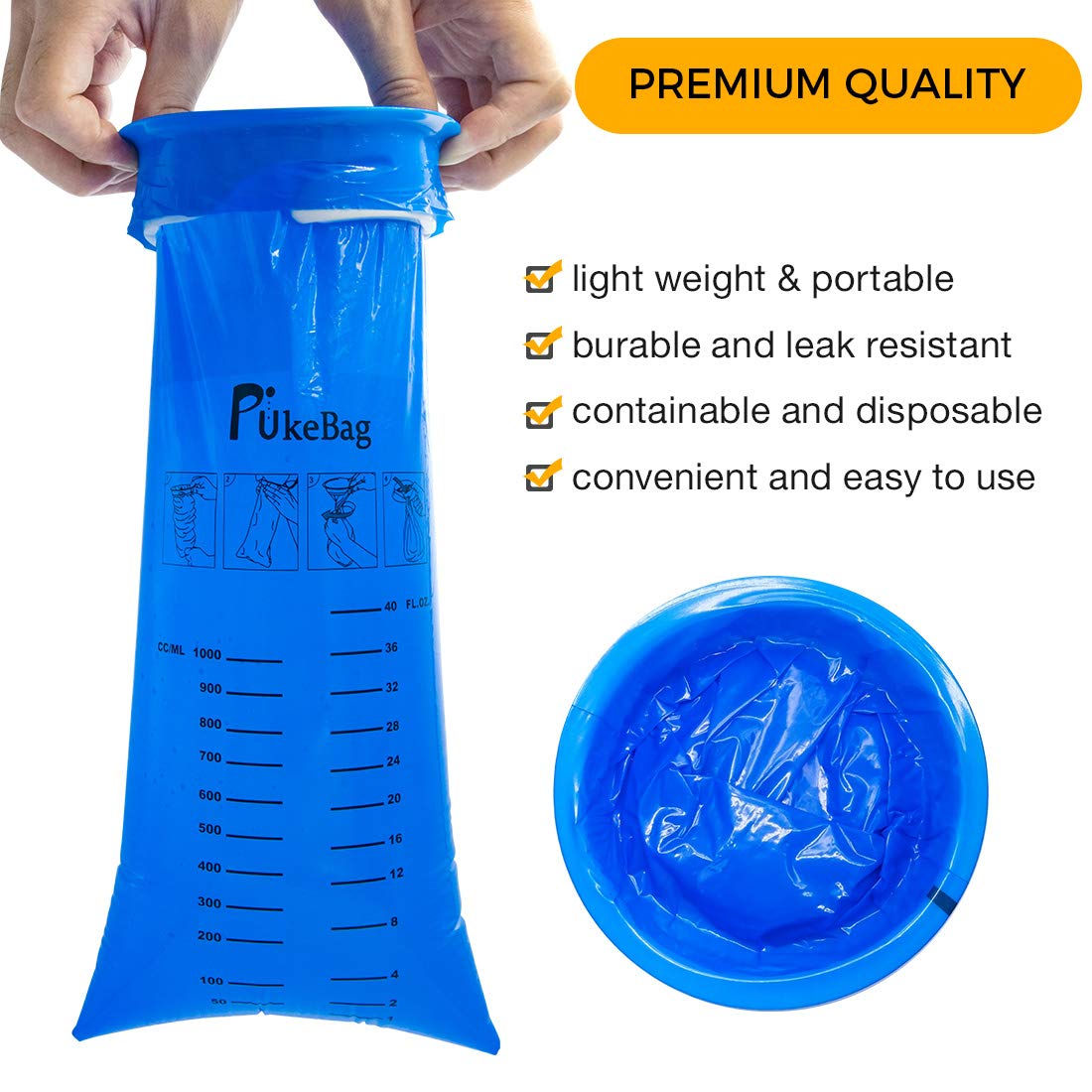 PukeBag travel motion sickness barf bag showing the graduated measurement markings for volume tracking