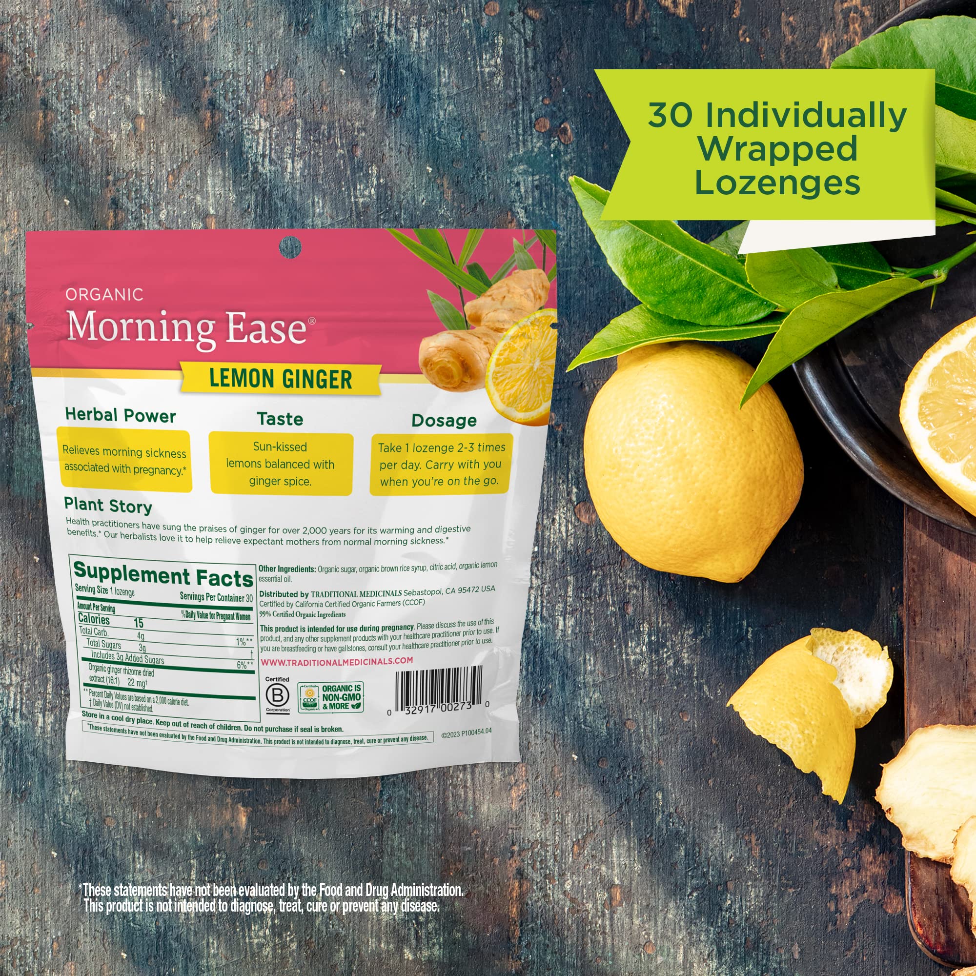 Traditional Medicinals Morning Ease anti nausea lozenges back label showing organic ginger ingredients