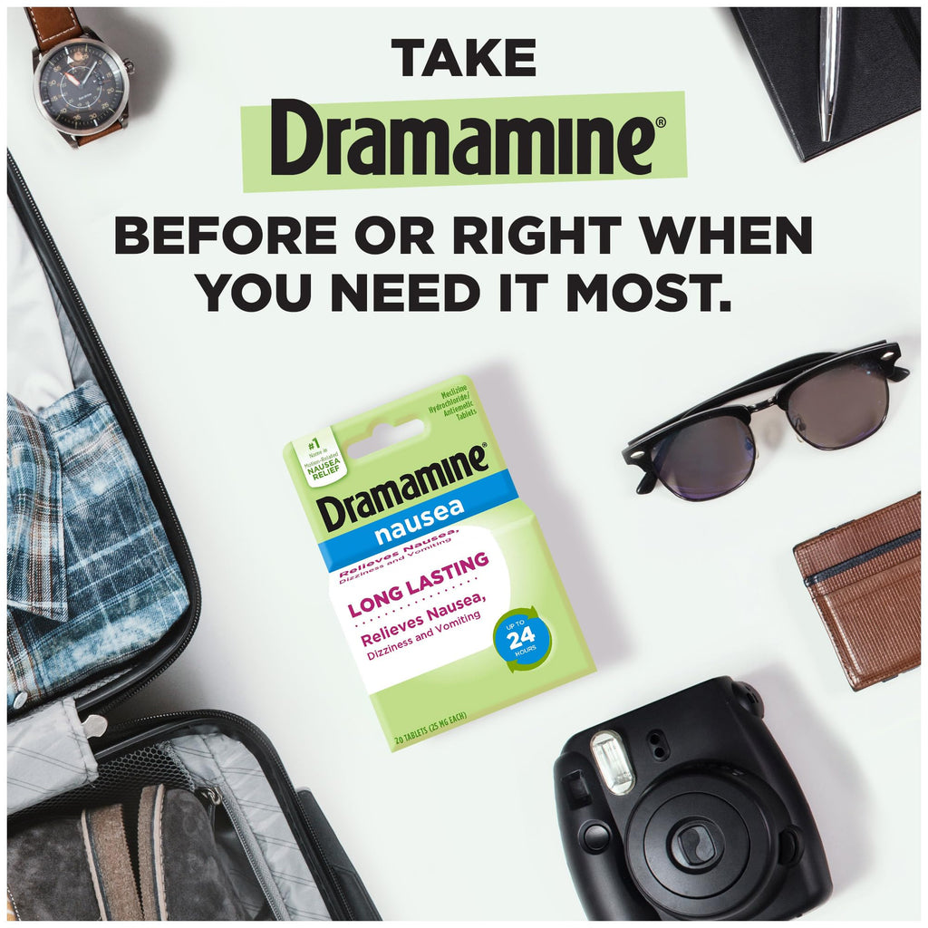 Dramamine meclizine twenty-five milligrams tablets for twenty-four hour dizziness and vomiting control
