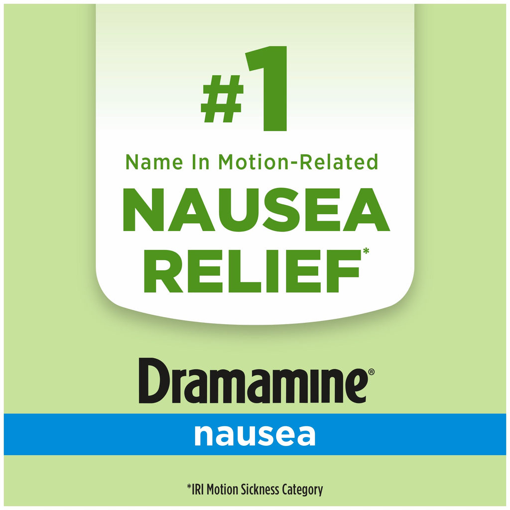 Authentic USA imported Dramamine nausea relief tablets side view displaying drug facts and usage instructions