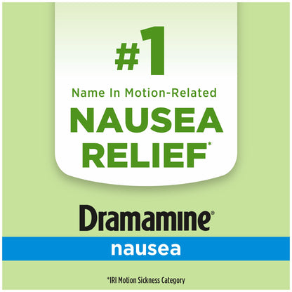 Authentic USA imported Dramamine nausea relief tablets side view displaying drug facts and usage instructions