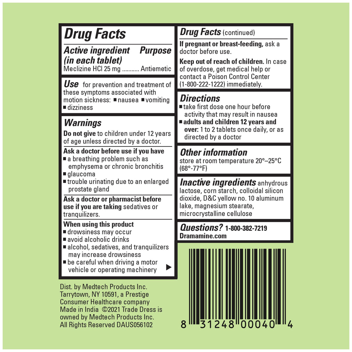 Dramamine antiemetic meclizine hydrochloride tablets for adult motion sickness prevention