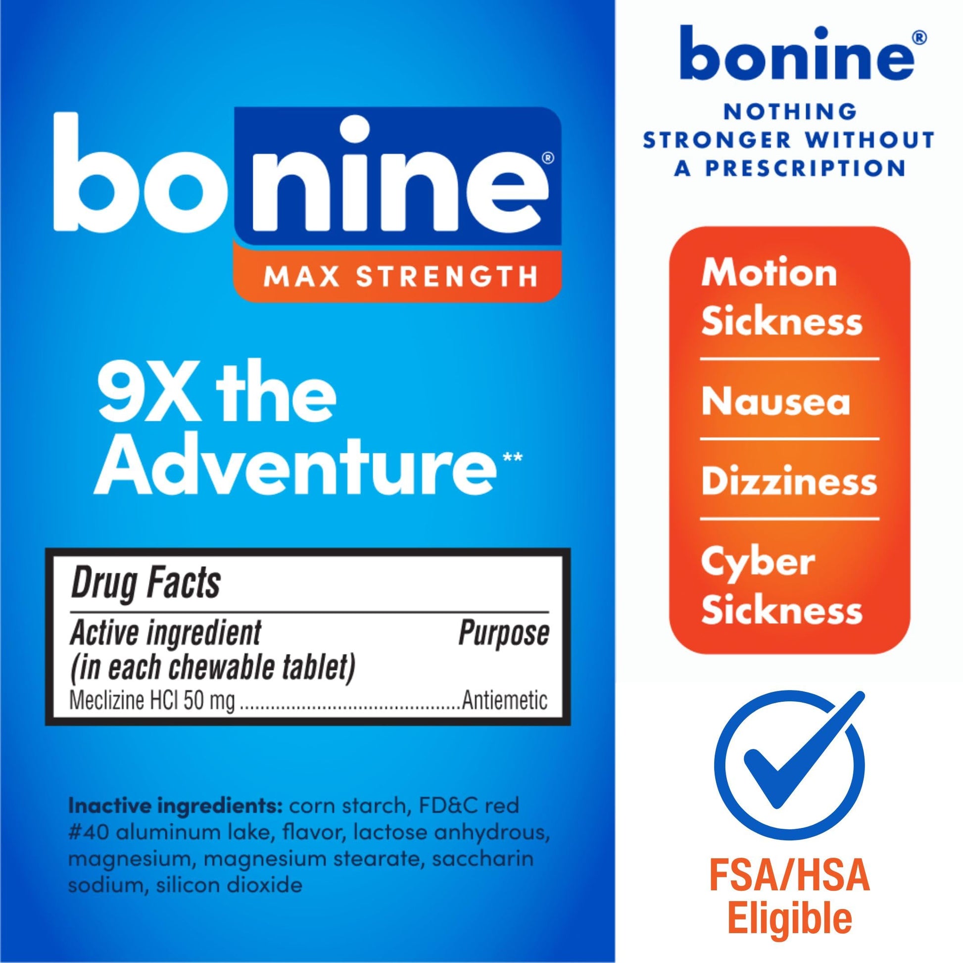 Bonine MAX meclizine hydrochloride fifty milligrams sixteen peppermint tablets