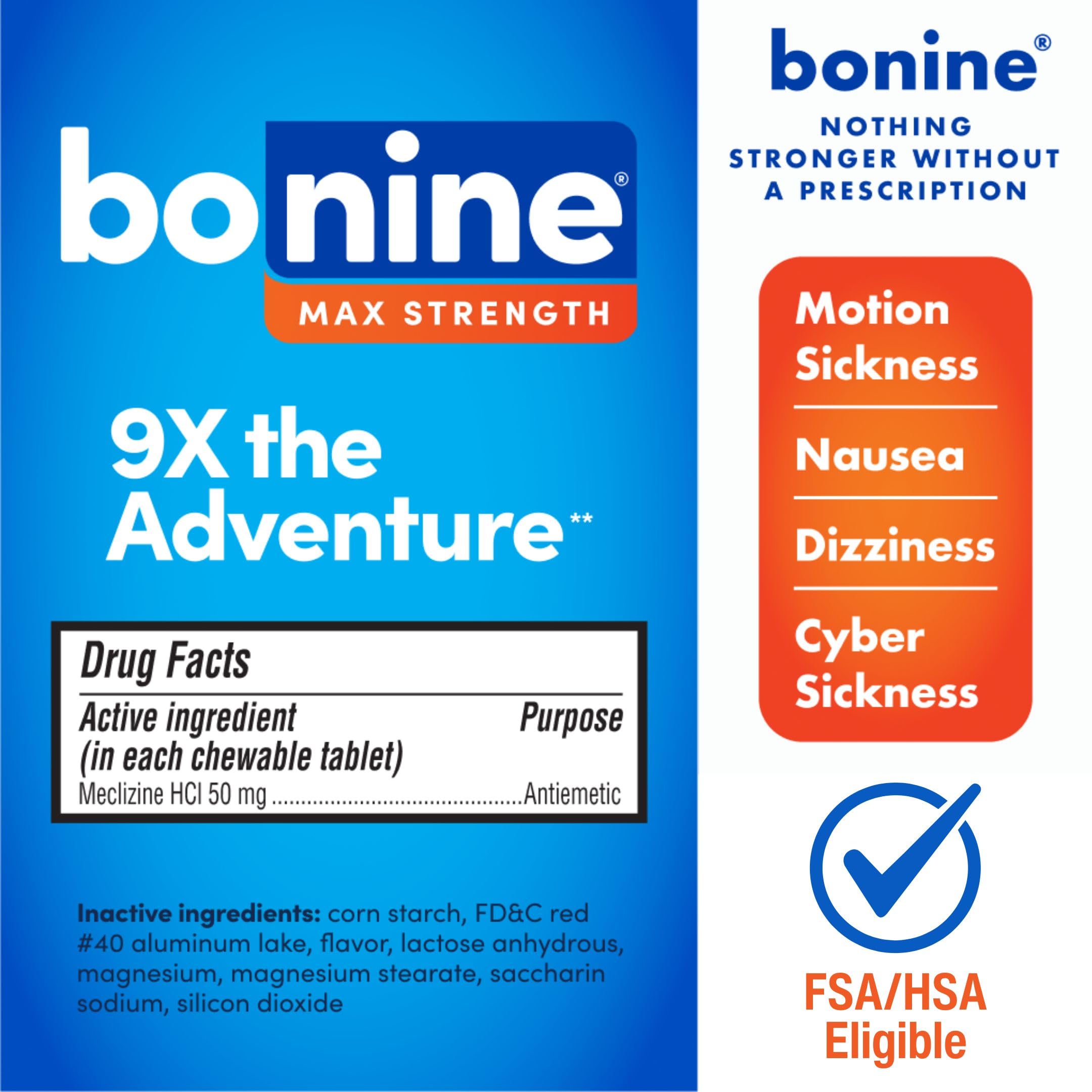 Bonine MAX meclizine hydrochloride fifty milligrams sixteen peppermint tablets