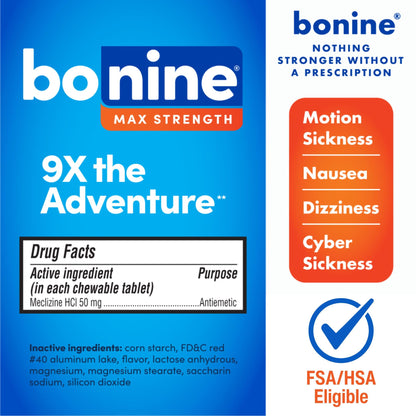 Bonine MAX meclizine hydrochloride fifty milligrams sixteen peppermint tablets