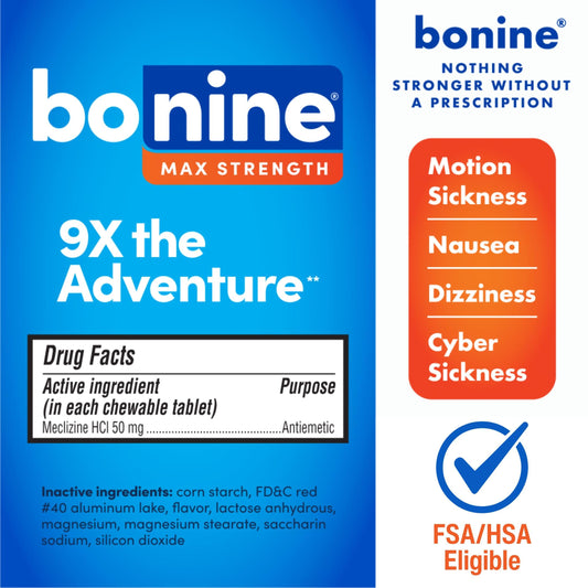 Bonine MAX meclizine hydrochloride fifty milligrams sixteen peppermint tablets