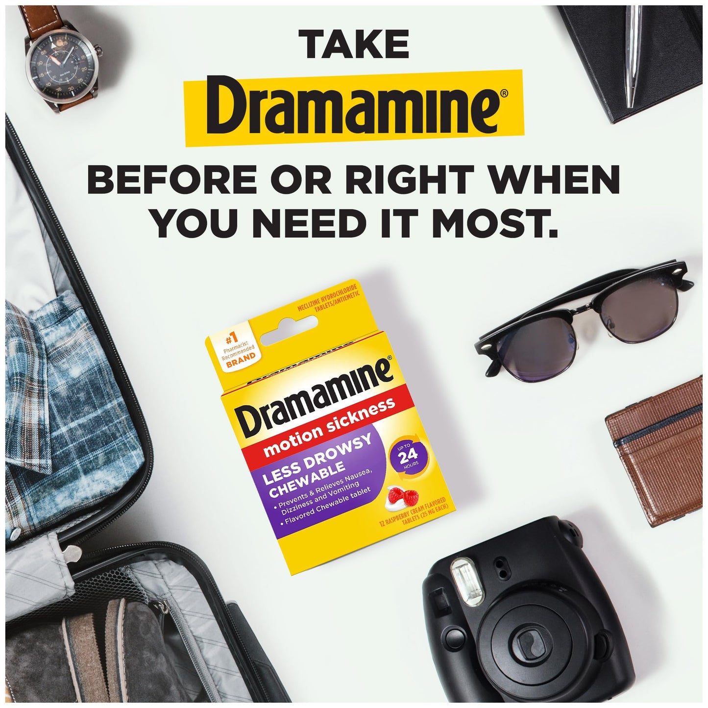 Dramamine twenty-four hour motion sickness defense tablets packaging contents close up