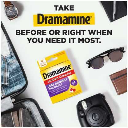 Dramamine twenty-four hour motion sickness defense tablets packaging contents close up