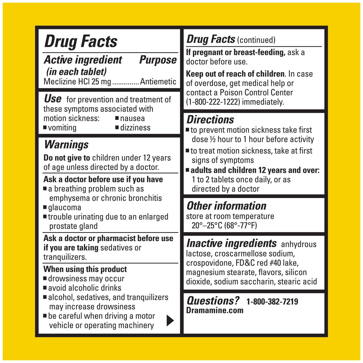 Dramamine travel sickness treatment pills showing instructions and warning panel