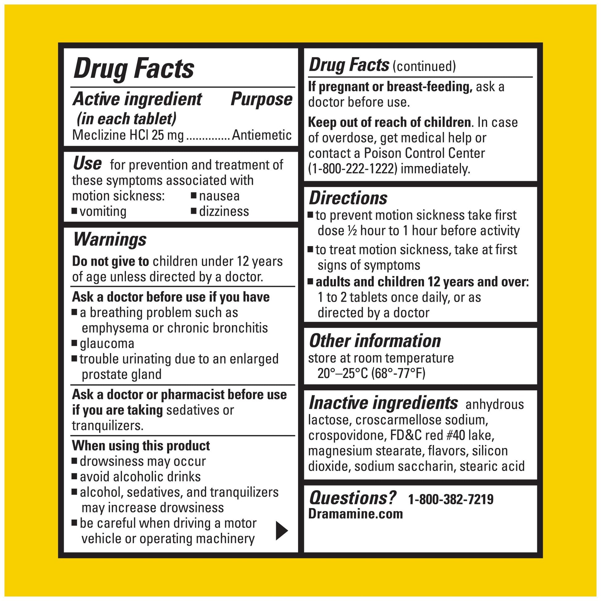 Dramamine travel sickness treatment pills showing instructions and warning panel