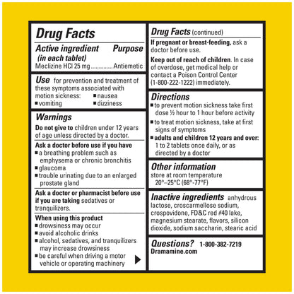Dramamine travel sickness treatment pills showing instructions and warning panel