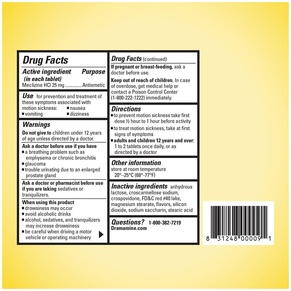 Genuine Dramamine meclizine hydrochloride chewable formulation medical box angle view
