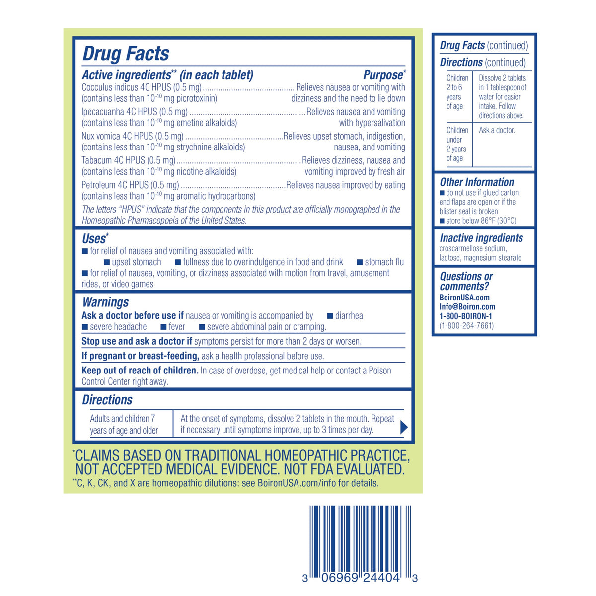 Back panel of NauseaCalm packaging showcasing the specific homeopathic active ingredients list