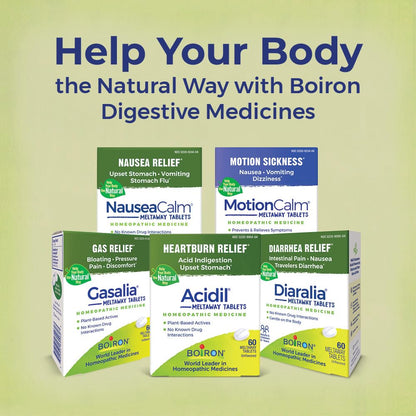 USA sourced Boiron digestive wellness remedy box display for travel sickness relief