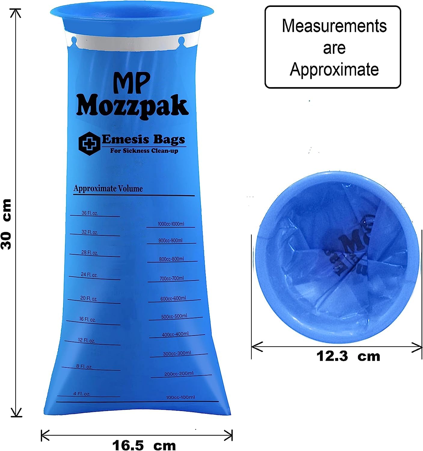 MP MOZZPAK 1000ml barf bags showcasing the rigid circular opening rim for spill prevention.
