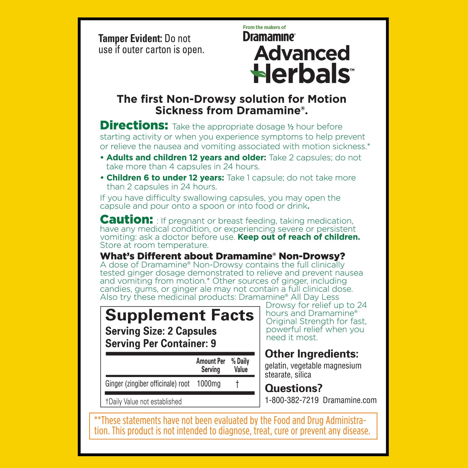 Dramamine Advanced Herbals packaging showing directions for adults and children