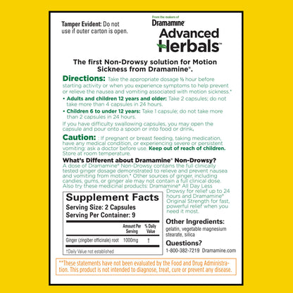 Dramamine Advanced Herbals packaging showing directions for adults and children