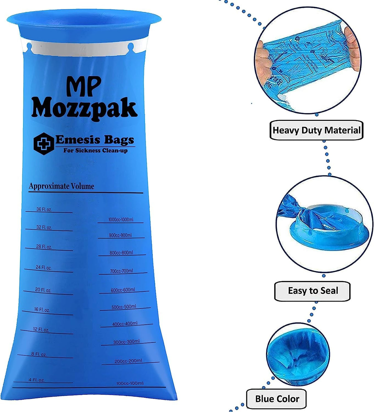 Thick heavy duty plastic medical grade emesis bags by MP MOZZPAK displaying volume measurement markings.