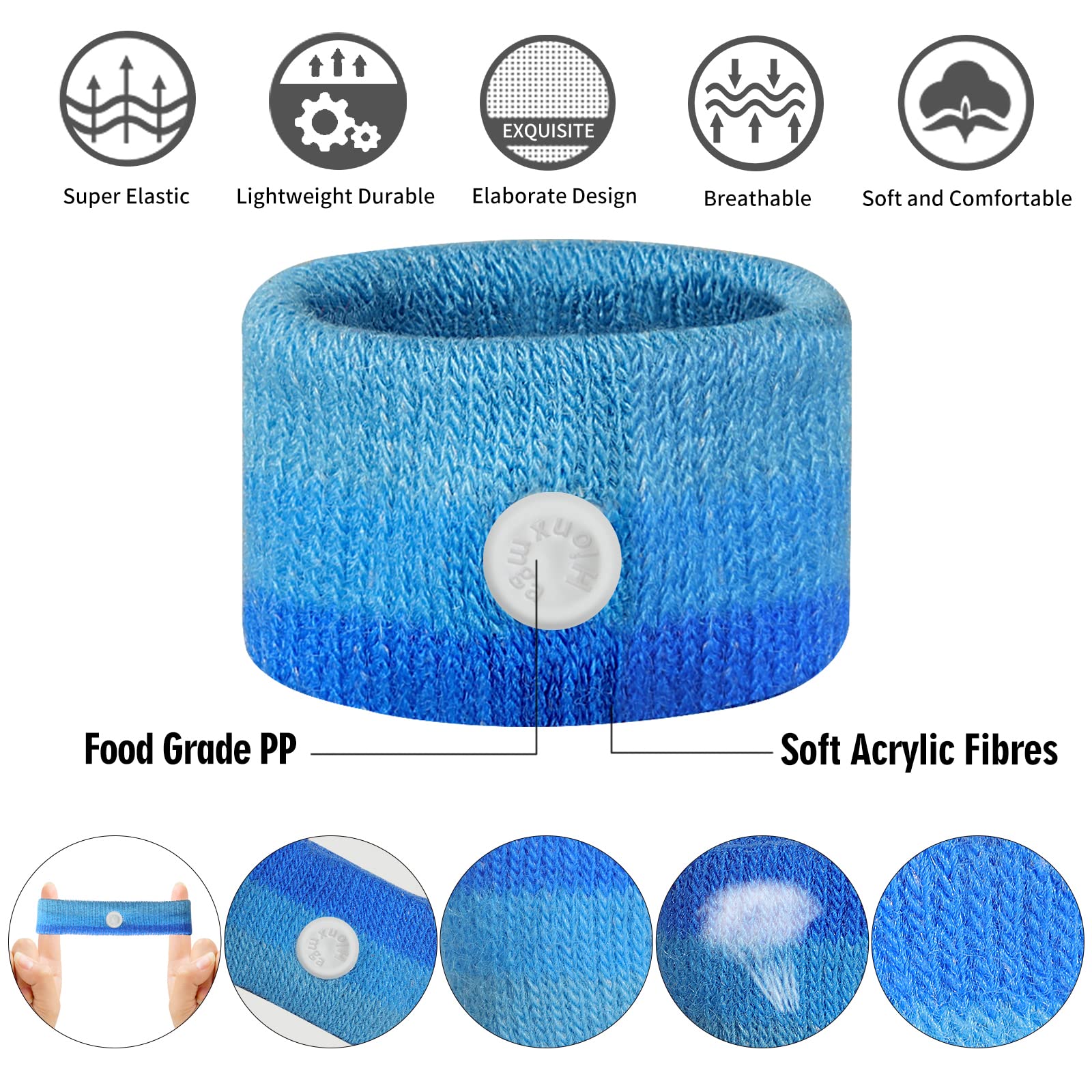 Six pairs of colorful anti nausea acupressure wristbands arranged neatly to show the circular plastic studs.