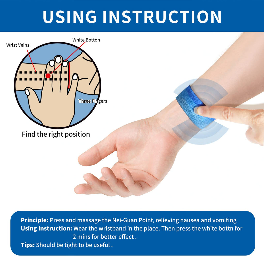 Demonstration of the natural drug free morning sickness bracelet being worn on a wrist for targeted pressure.