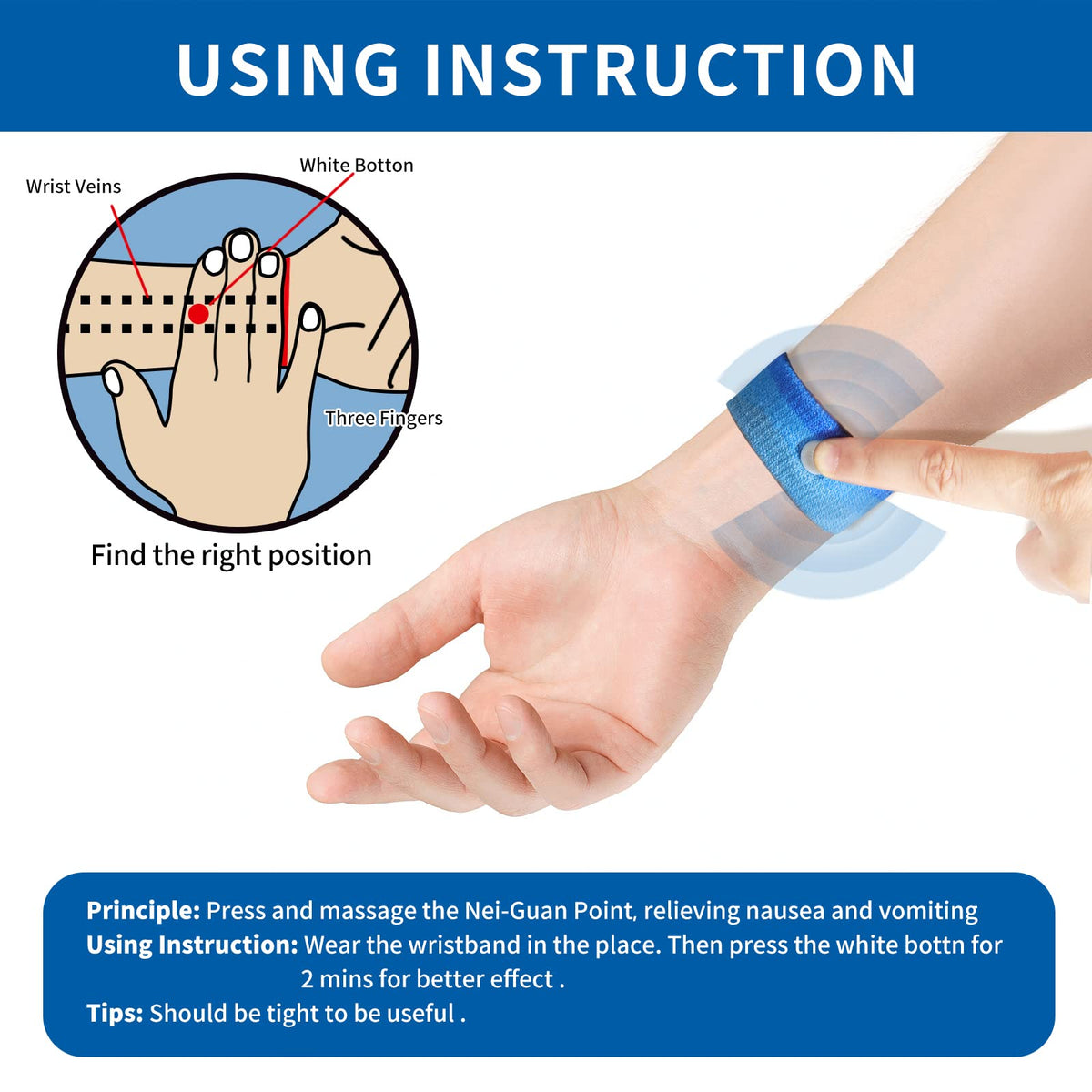 Demonstration of the natural drug free morning sickness bracelet being worn on a wrist for targeted pressure.