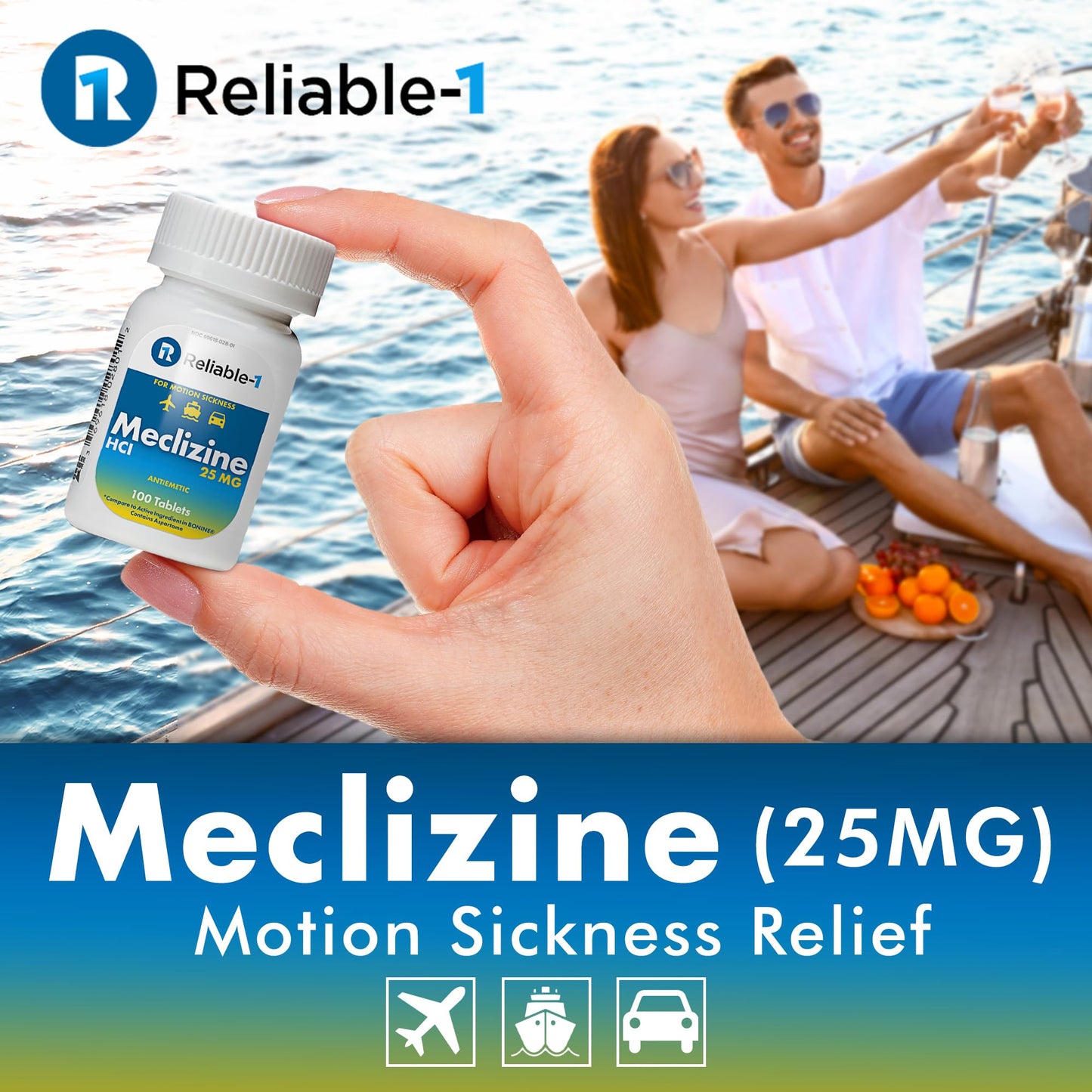 Reliable-1 Laboratories antiemetic 25mg chewable tablets side label showing ingredients and directions