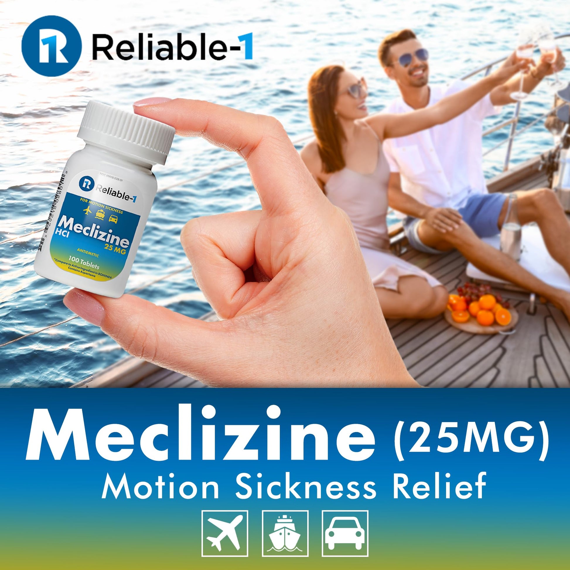 Reliable-1 Laboratories antiemetic 25mg chewable tablets side label showing ingredients and directions