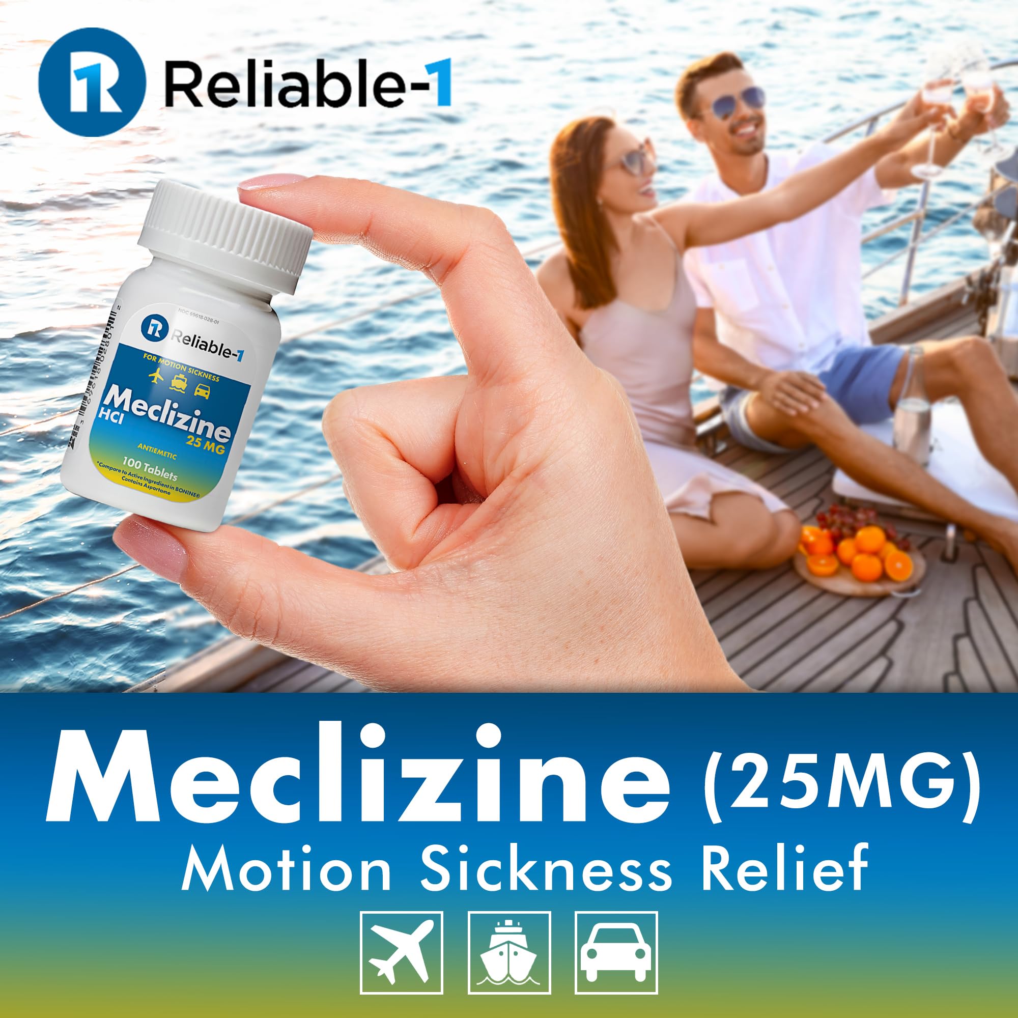 Reliable-1 Laboratories antiemetic 25mg chewable tablets side label showing ingredients and directions
