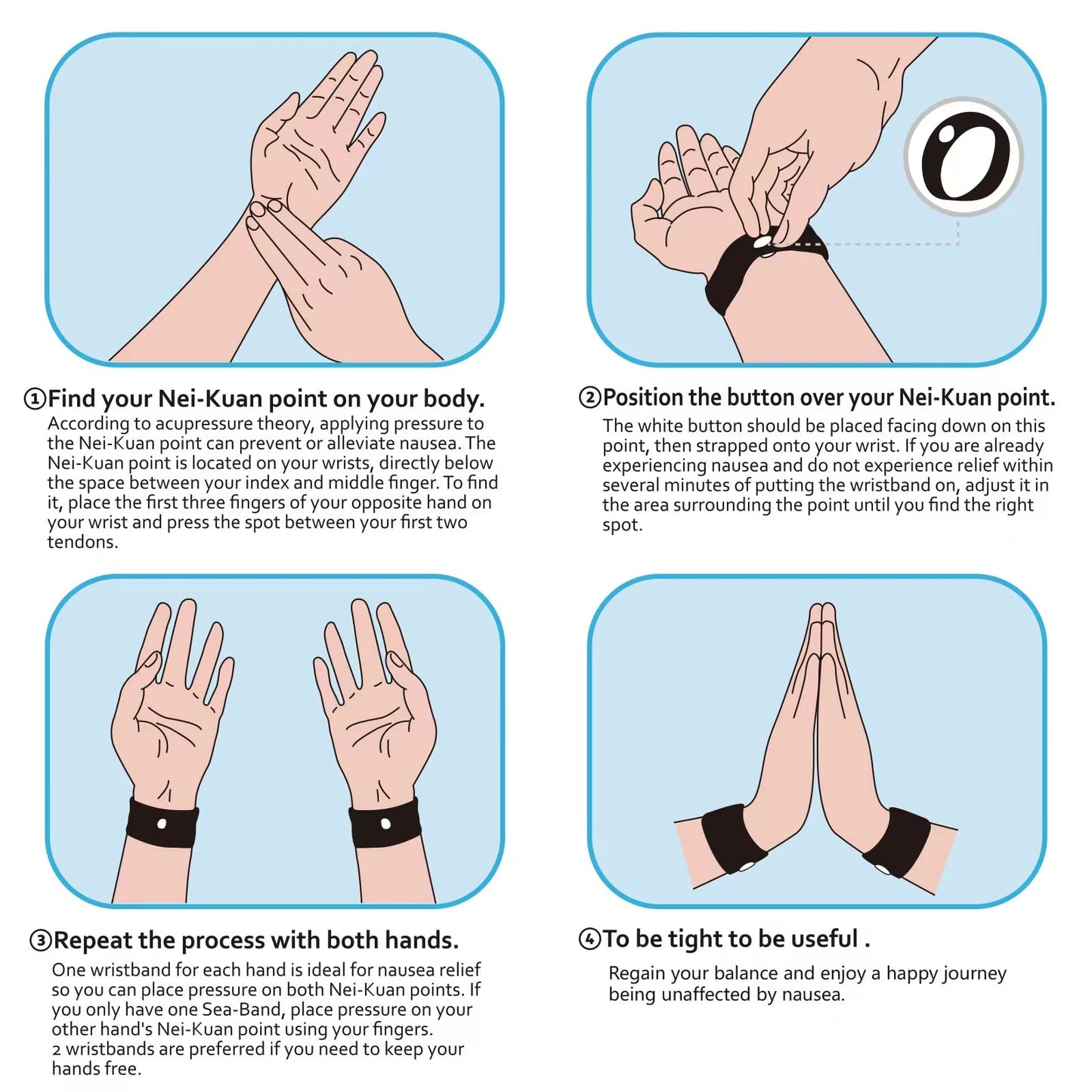 Different color combinations of the reusable motion sickness wristbands for adults and children's travel comfort.