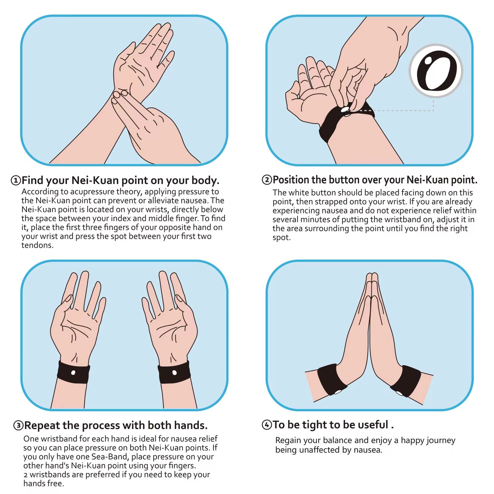 Different color combinations of the reusable motion sickness wristbands for adults and children's travel comfort.
