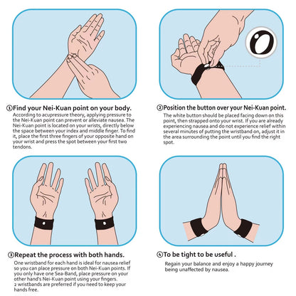 Different color combinations of the reusable motion sickness wristbands for adults and children's travel comfort.