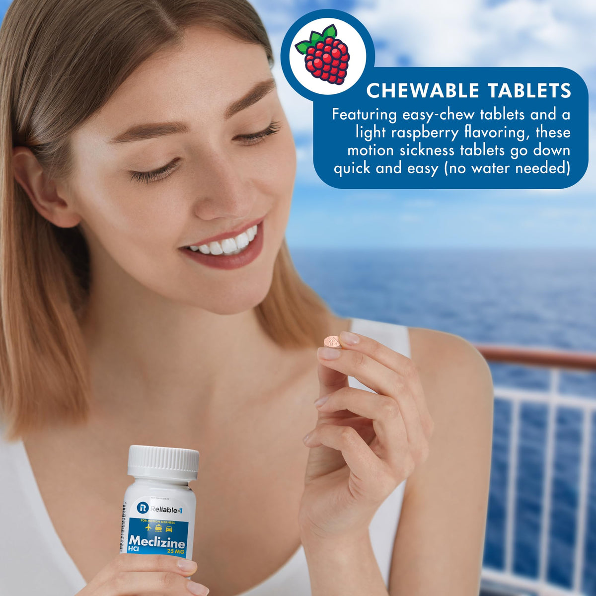 Reliable-1 Laboratories Meclizine HCL travel health supplement bottle showing expiration and NDC code