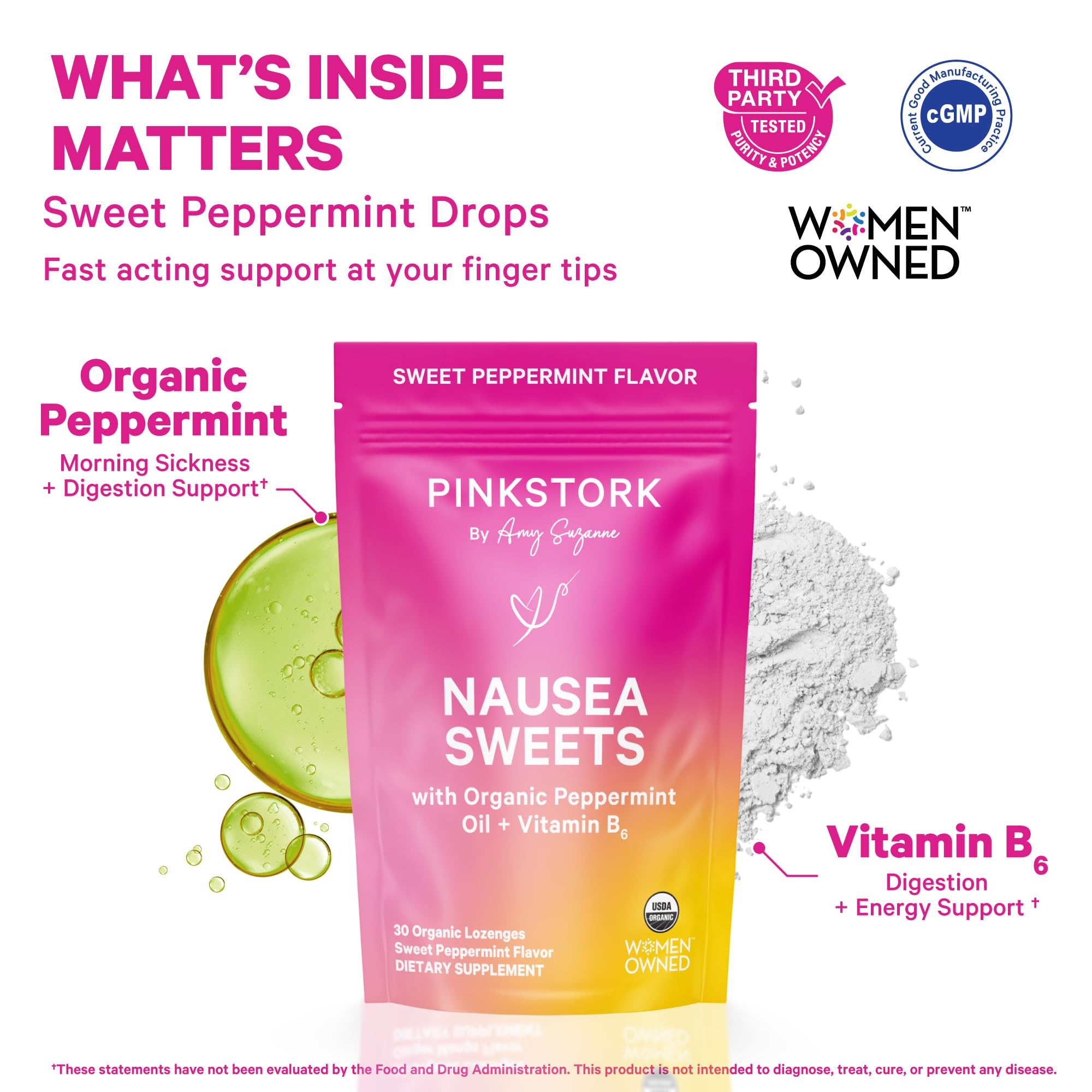 Pink Stork prenatal nausea candies with Vitamin B6 packaging details and ingredients panel