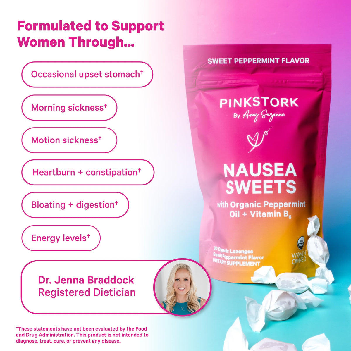 Individually wrapped Pink Stork peppermint drops for morning sickness support scattered on a clean surface
