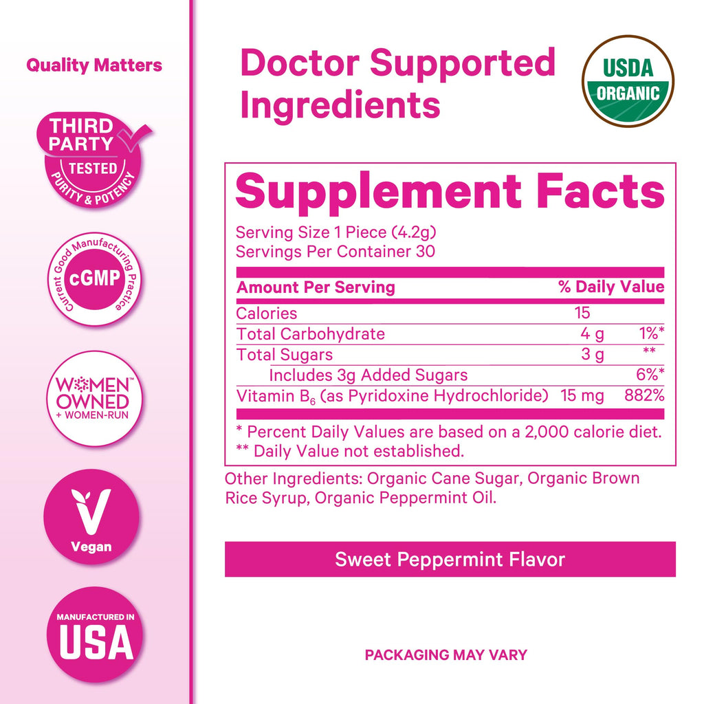 Authentic Pink Stork first trimester pregnancy essentials packaging showing nutritional facts for Vitamin B6