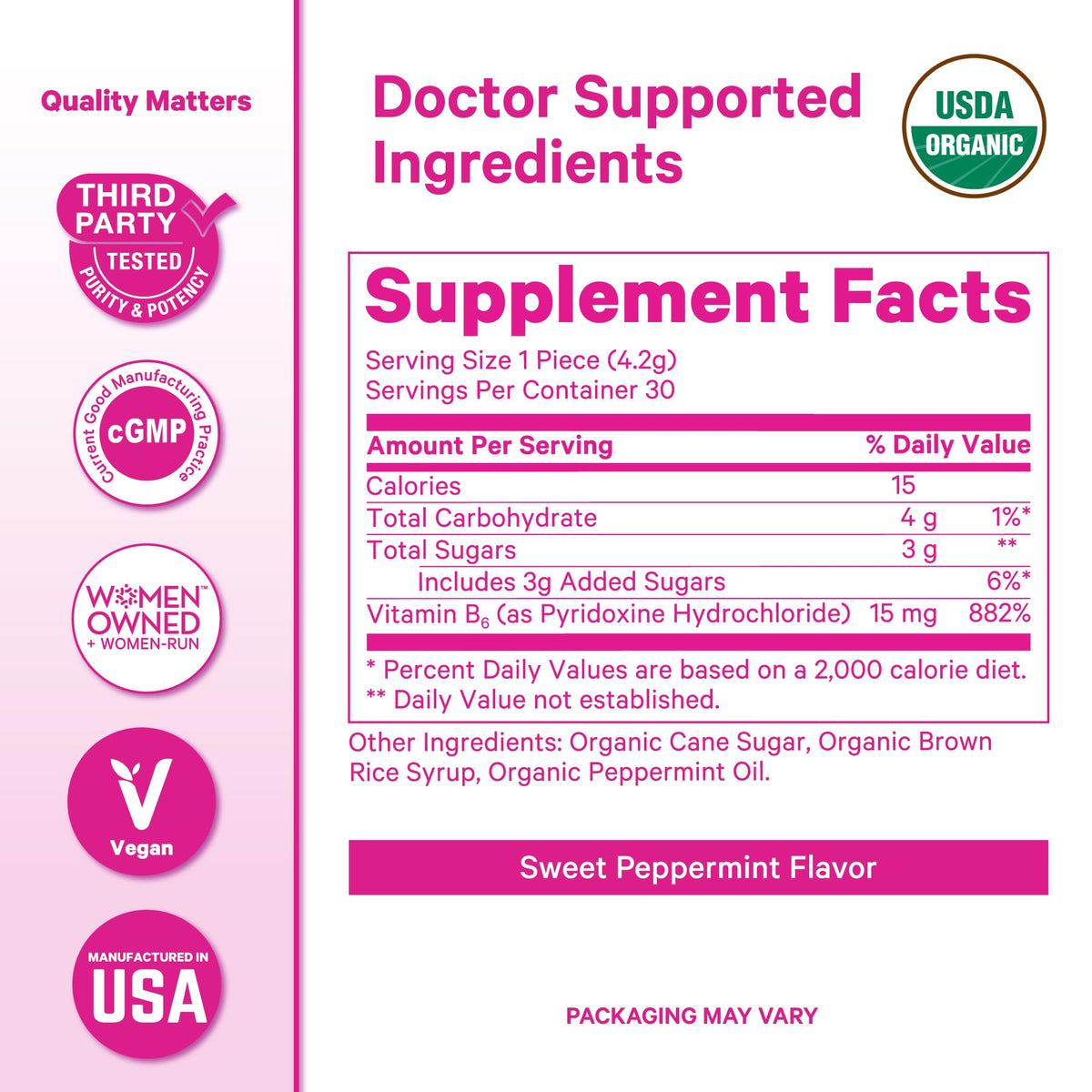 Authentic Pink Stork first trimester pregnancy essentials packaging showing nutritional facts for Vitamin B6