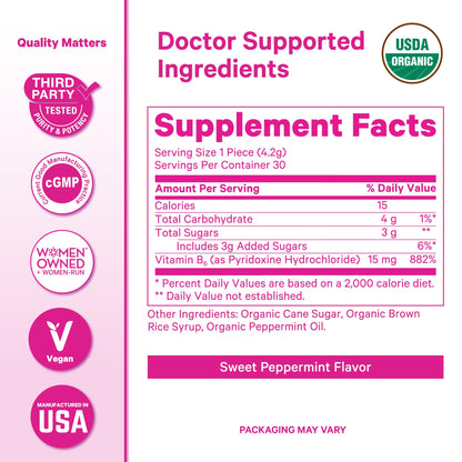 Authentic Pink Stork first trimester pregnancy essentials packaging showing nutritional facts for Vitamin B6