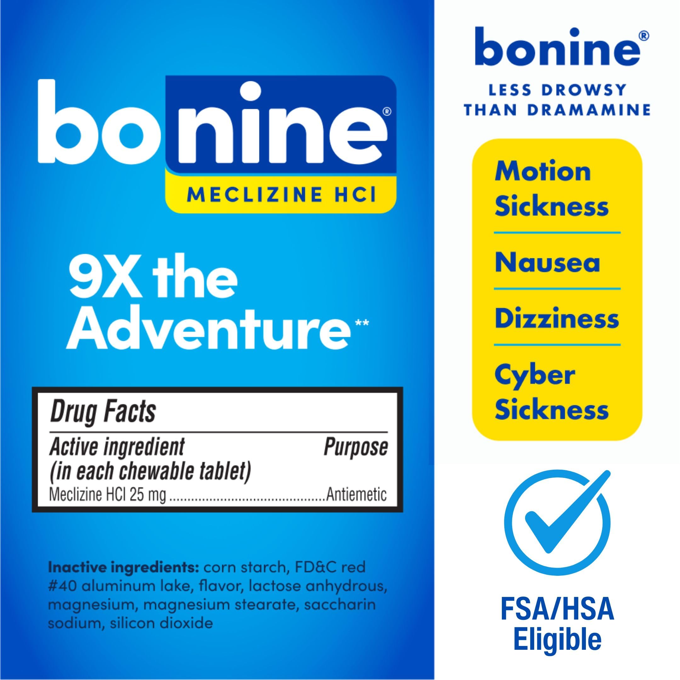 Bonine meclizine twenty five milligram tablets packaging highlighting twenty four hour protection