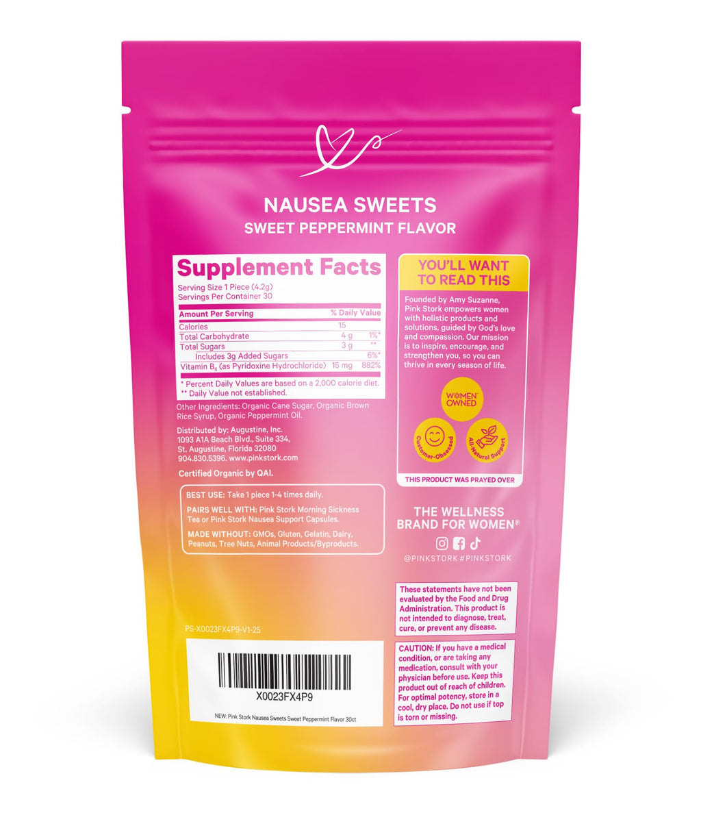 USA imported Pink Stork morning sickness candies pouch displayed with individual wrapped lozenges