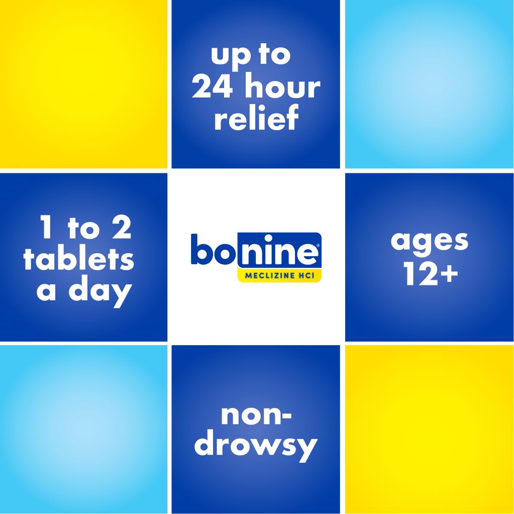 Back label of Bonine chewable antiemetic tablets showing drug facts and dosage instructions