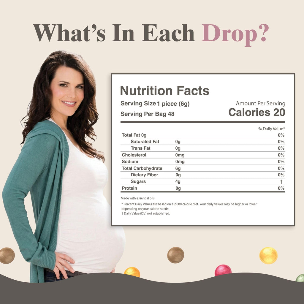 Preggie Pop Drops packaging showing assorted sour fruit flavors for pregnancy nausea